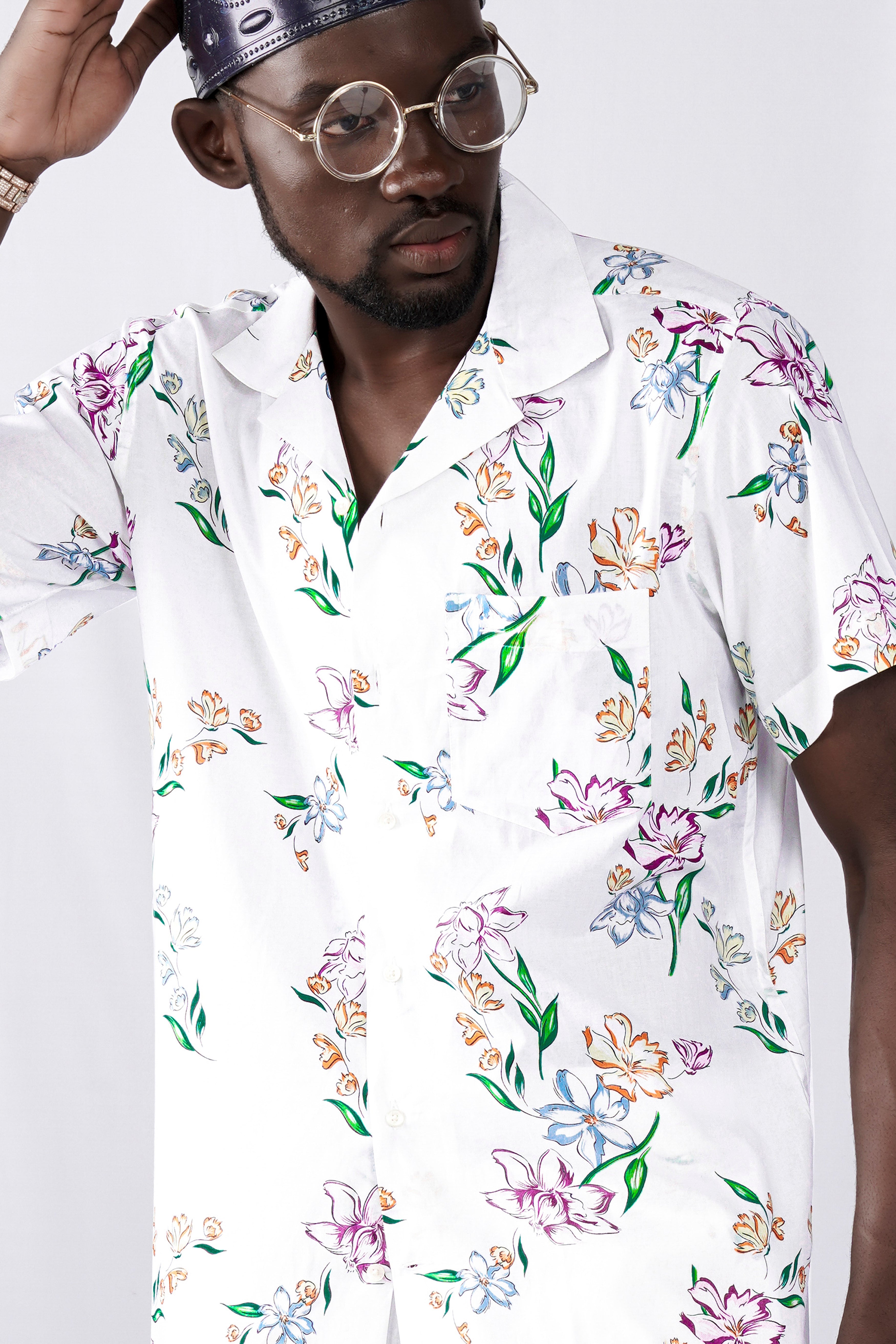 Bright White with Leaf Green and Plum Pink Floral Printed Premium Cotton Designer Shirt