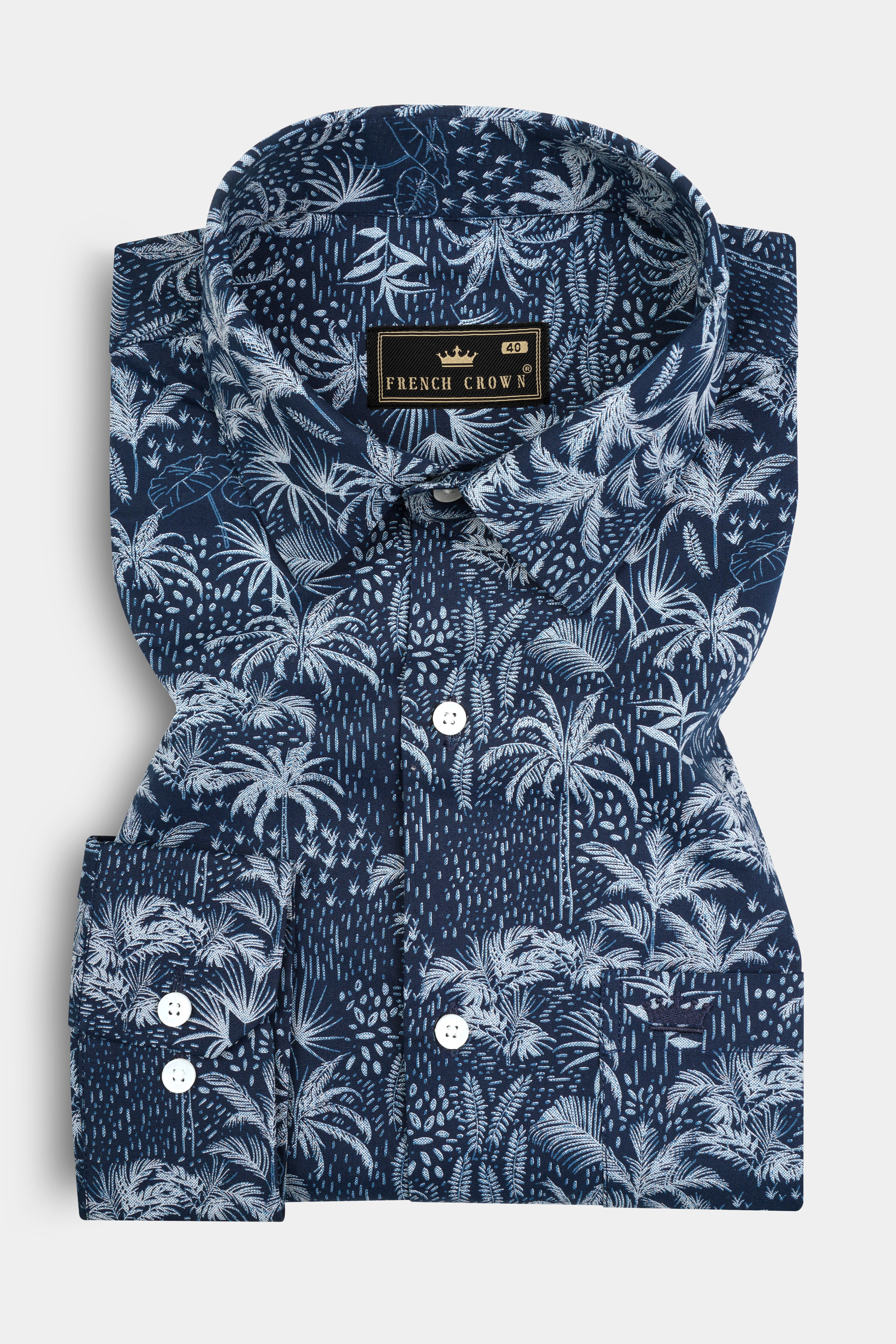 Rhino Blue Coconut Tree Printed Poplin Giza Cotton Shirt 12747-38, 12747-H-38, 12747-39, 12747-H-39, 12747-40, 12747-H-40, 12747-42, 12747-H-42, 12747-44, 12747-H-44, 12747-46, 12747-H-46, 12747-48, 12747-H-48, 12747-50, 12747-H-50, 12747-52, 12747-H-52