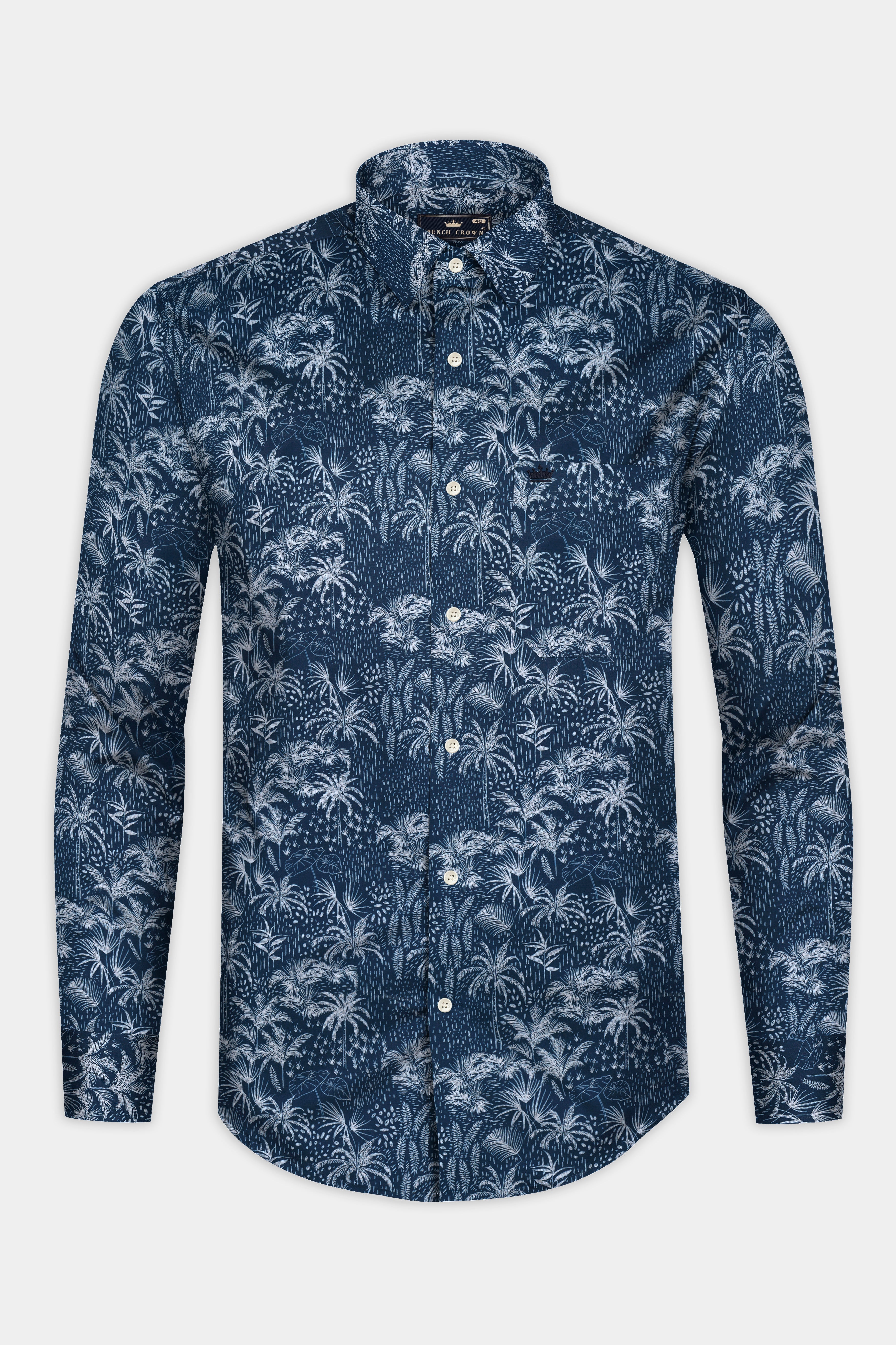 Rhino Blue Coconut Tree Printed Poplin Giza Cotton Shirt 12747-38, 12747-H-38, 12747-39, 12747-H-39, 12747-40, 12747-H-40, 12747-42, 12747-H-42, 12747-44, 12747-H-44, 12747-46, 12747-H-46, 12747-48, 12747-H-48, 12747-50, 12747-H-50, 12747-52, 12747-H-52