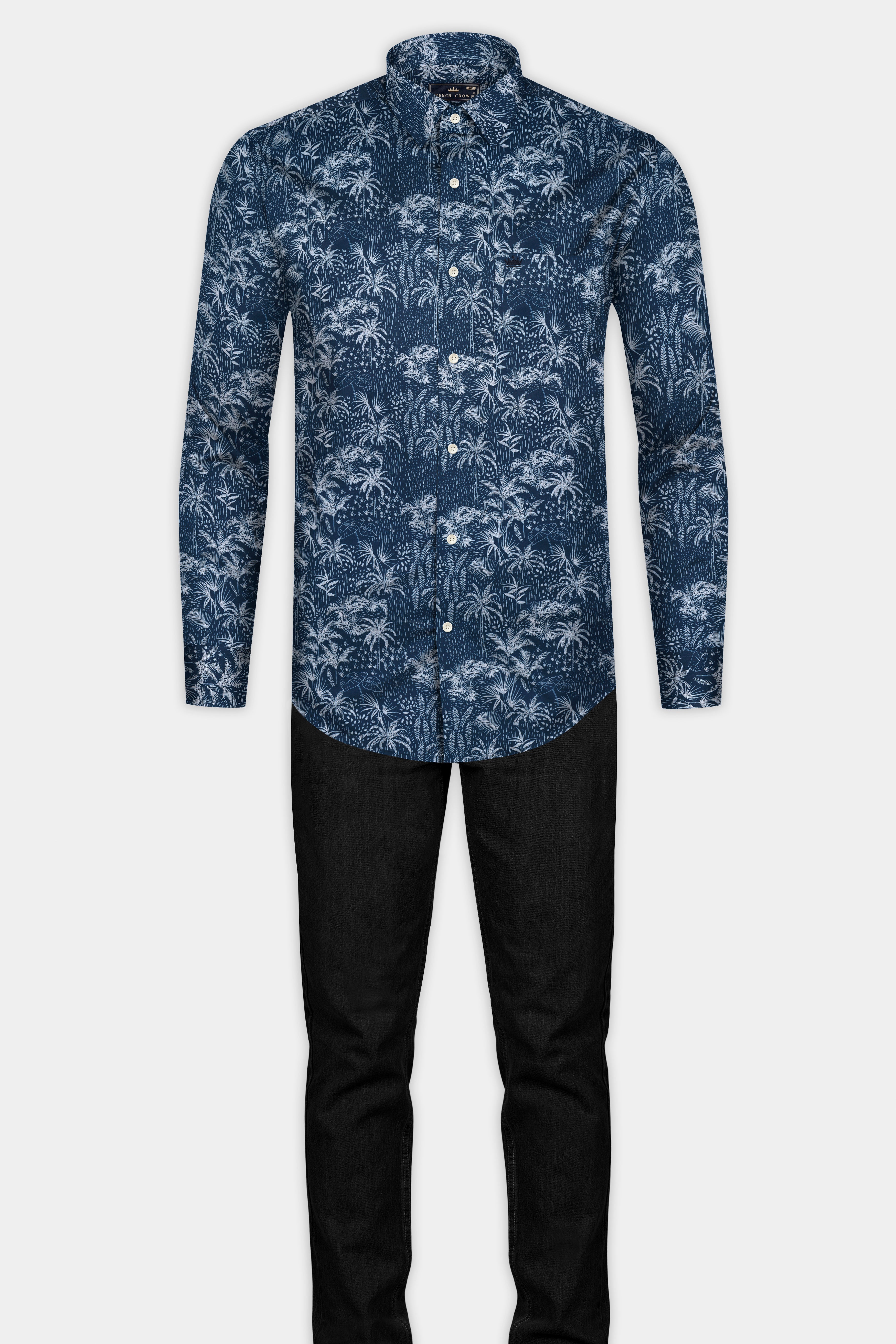 Rhino Blue Coconut Tree Printed Poplin Giza Cotton Shirt 12747-38, 12747-H-38, 12747-39, 12747-H-39, 12747-40, 12747-H-40, 12747-42, 12747-H-42, 12747-44, 12747-H-44, 12747-46, 12747-H-46, 12747-48, 12747-H-48, 12747-50, 12747-H-50, 12747-52, 12747-H-52