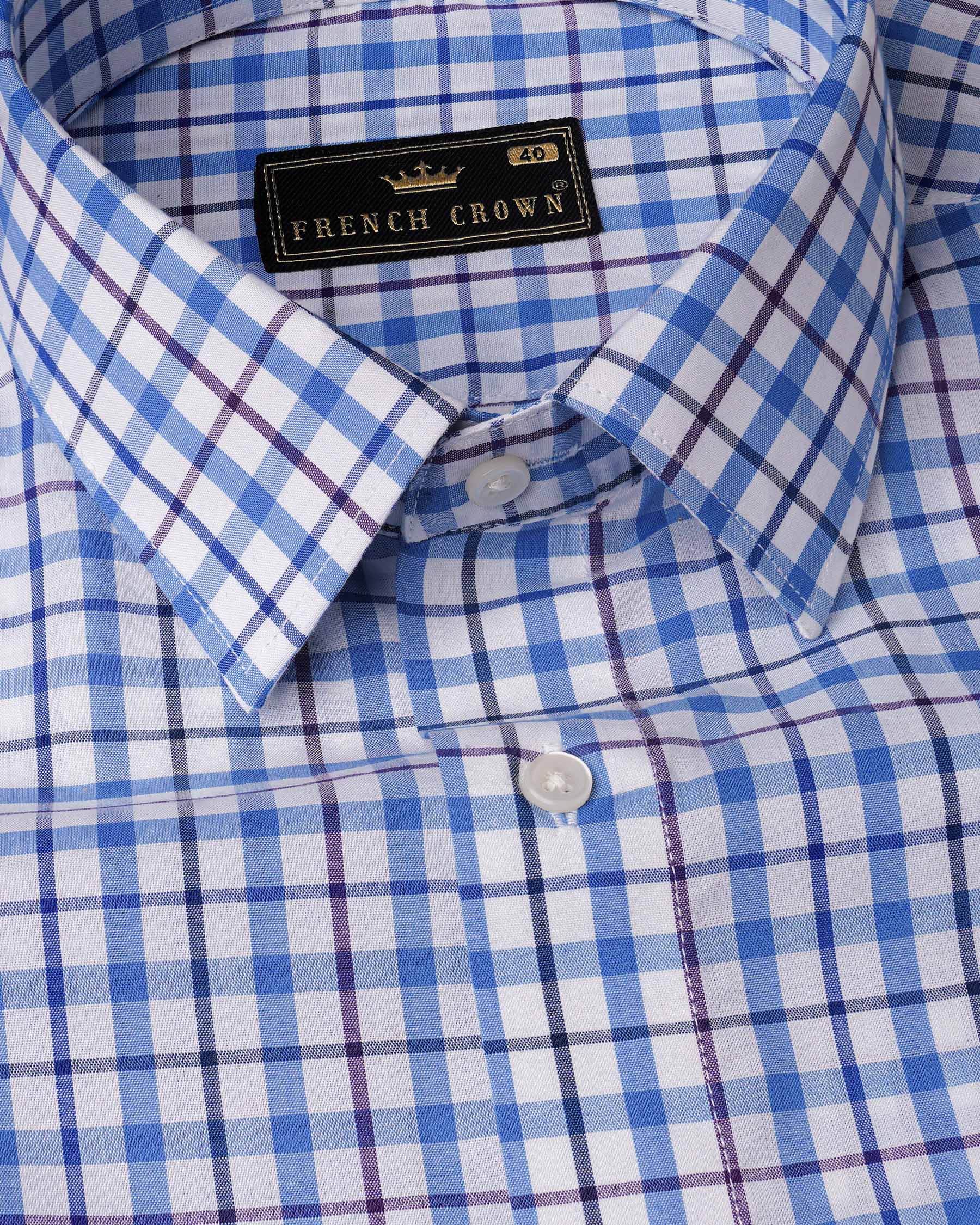 Bright White and Mariner Blue Plaid Premium Cotton Kurta Shirt 7919-38, 7919-H-38, 7919-39, 7919-H-39, 7919-40, 7919-H-40, 7919-42, 7919-H-42, 7919-44, 7919-H-44, 7919-46, 7919-H-46, 7919-48, 7919-H-48, 7919-50, 7919-H-50, 7919-52, 7919-H-52