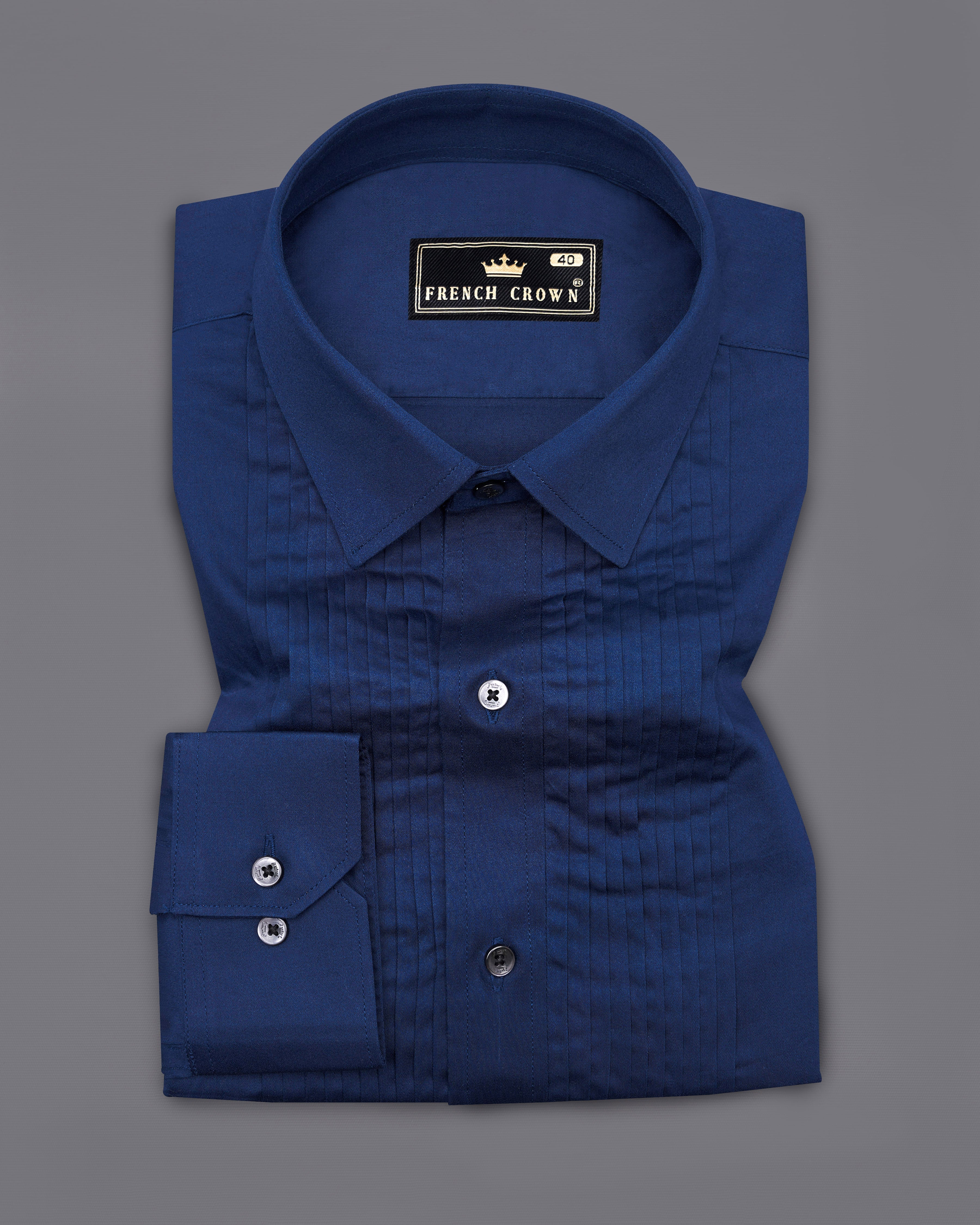 Cloud Burst Blue Subtle Sheen Snake Pleated Super Soft Premium Cotton Tuxedo Shirt