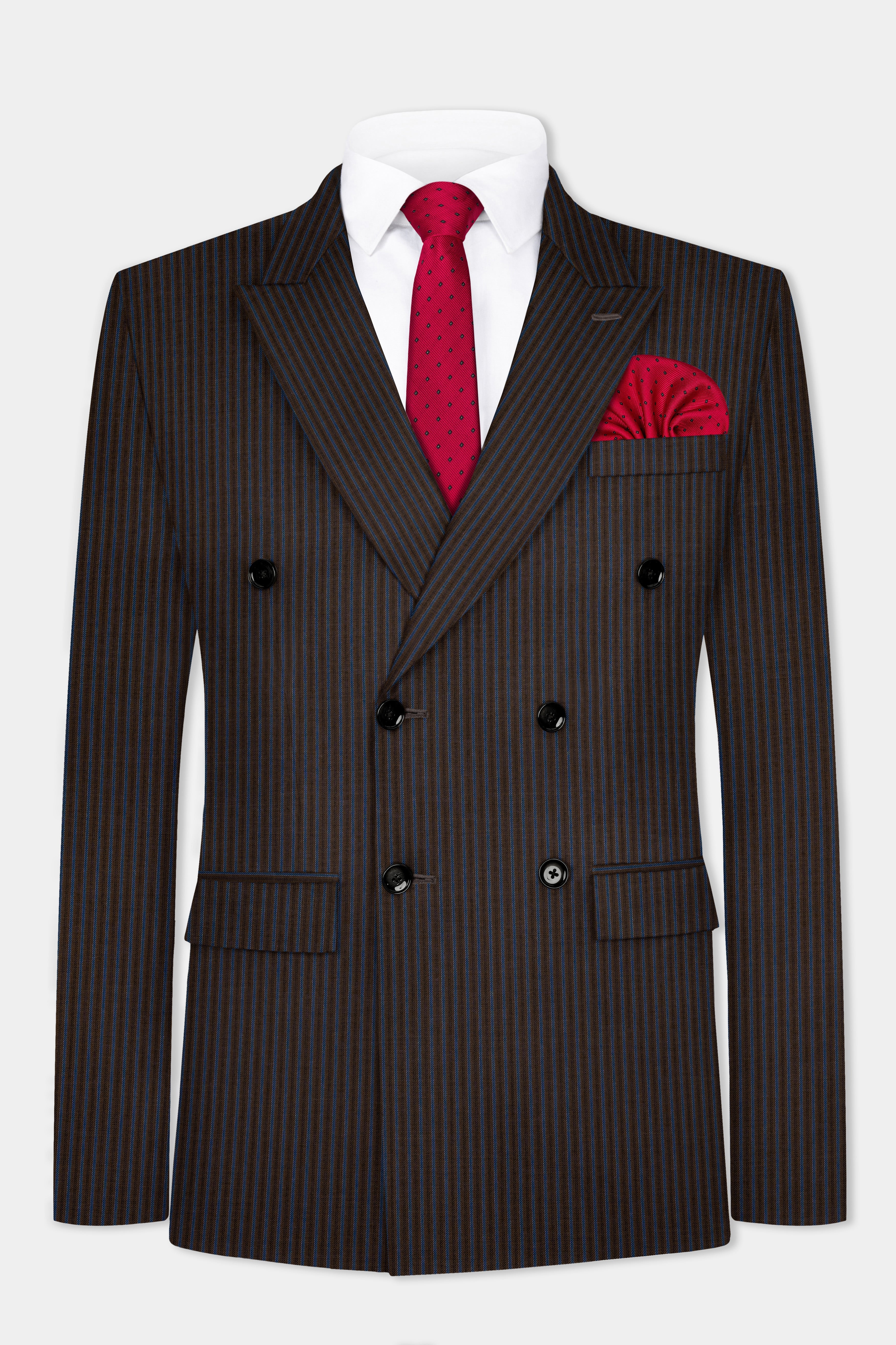 Eclipse Brown with Kashmir Blue Striped Wool Blend Double Breasted Blazer