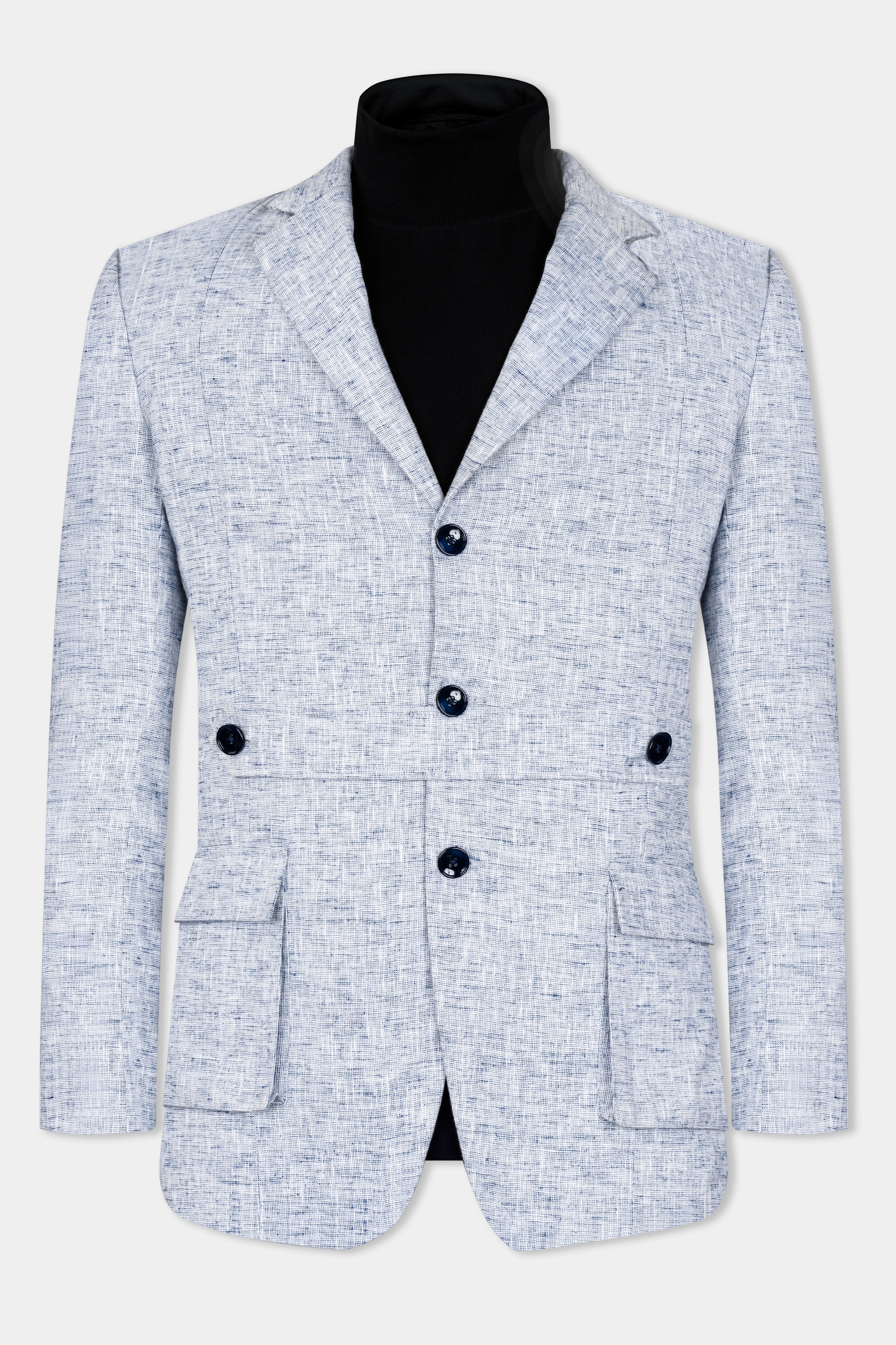 Bright White and Rhino Blue Luxurious Linen Designer Blazer BL2919-D443-36, BL2919-D443-38, BL2919-D443-40, BL2919-D443-42, BL2919-D443-44, BL2919-D443-46, BL2919-D443-48, BL2919-D443-50, BL2919-D443-52, BL2919-D443-54, BL2919-D443-56, BL2919-D443-58, BL2919-D443-60