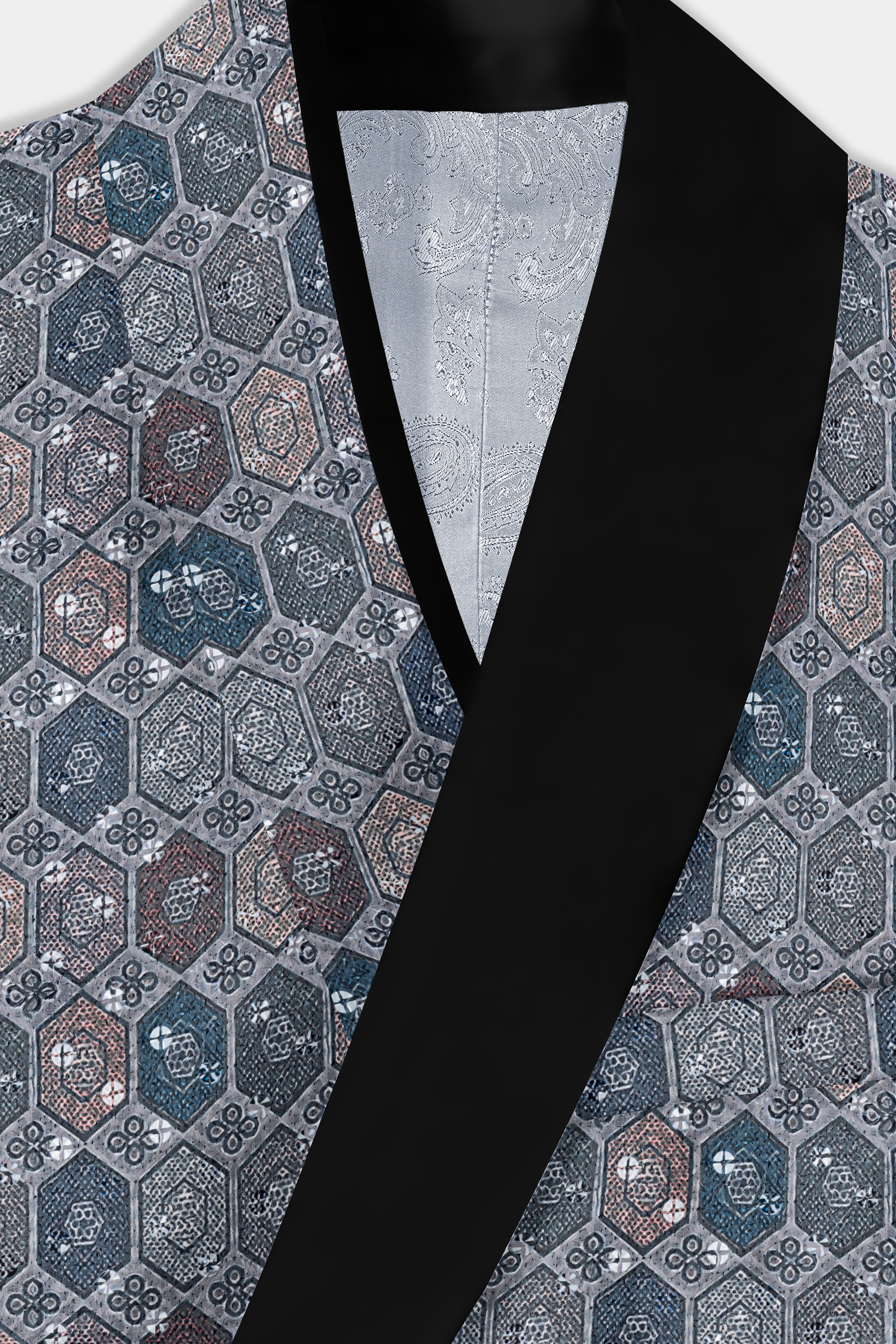 Tuna Blue And Gunsmoke Gray Multicolour Embroidered Tuxedo Blazer