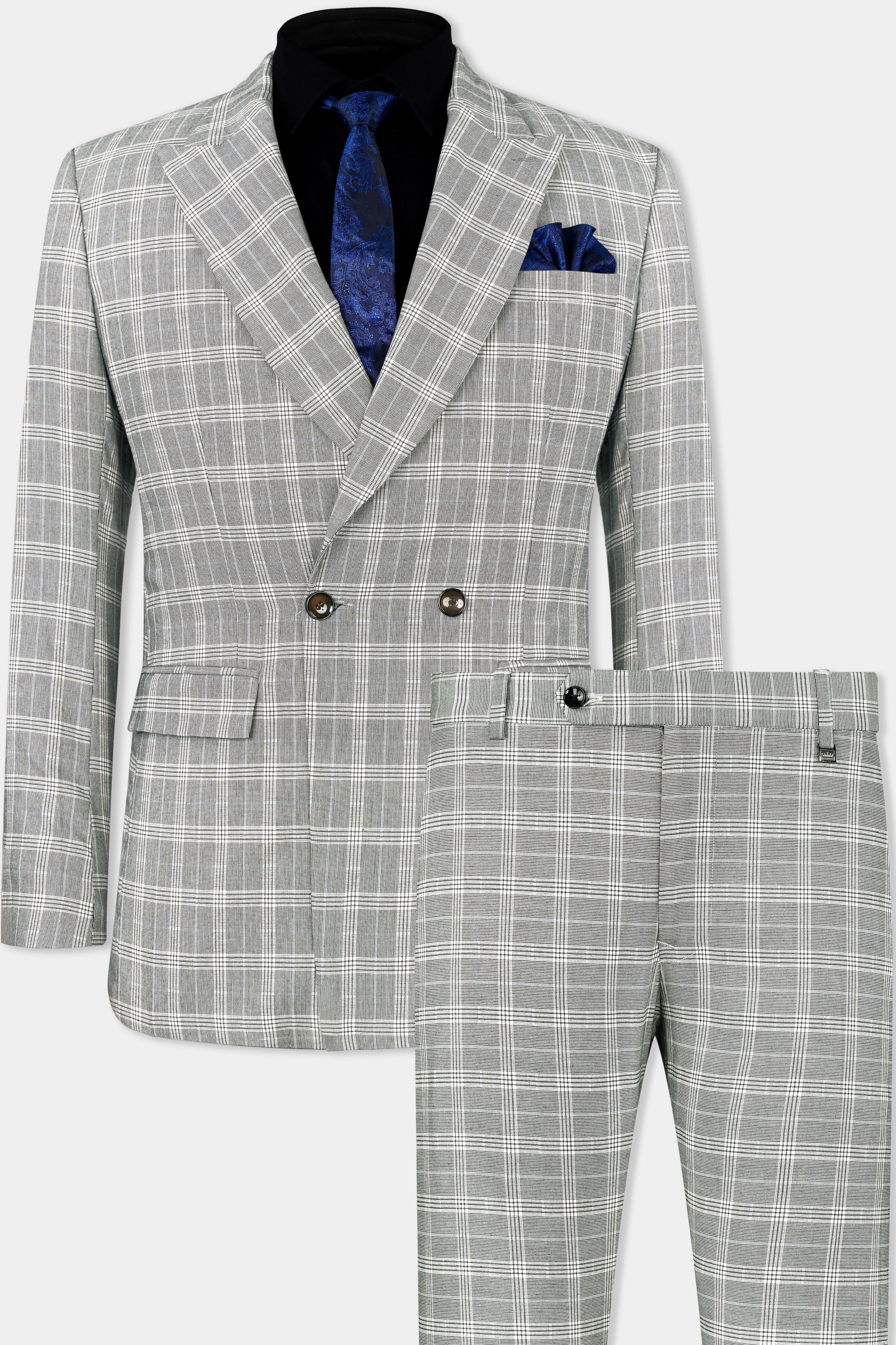 Bronco Gray and White Plaid Double Breasted Suit