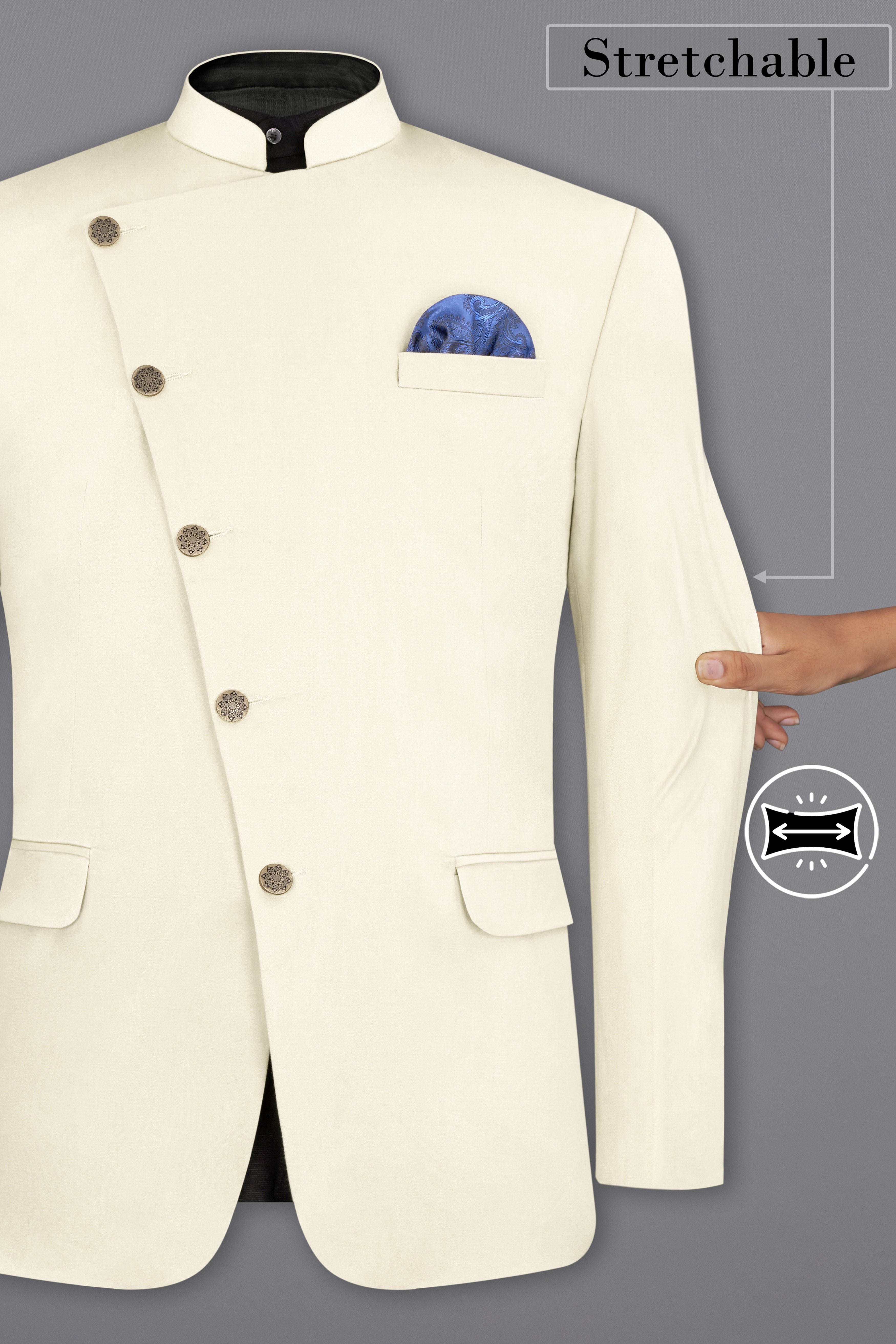 Merino Cream Cross Placket Bandhgala Premium Cotton Stretchable traveler Suit