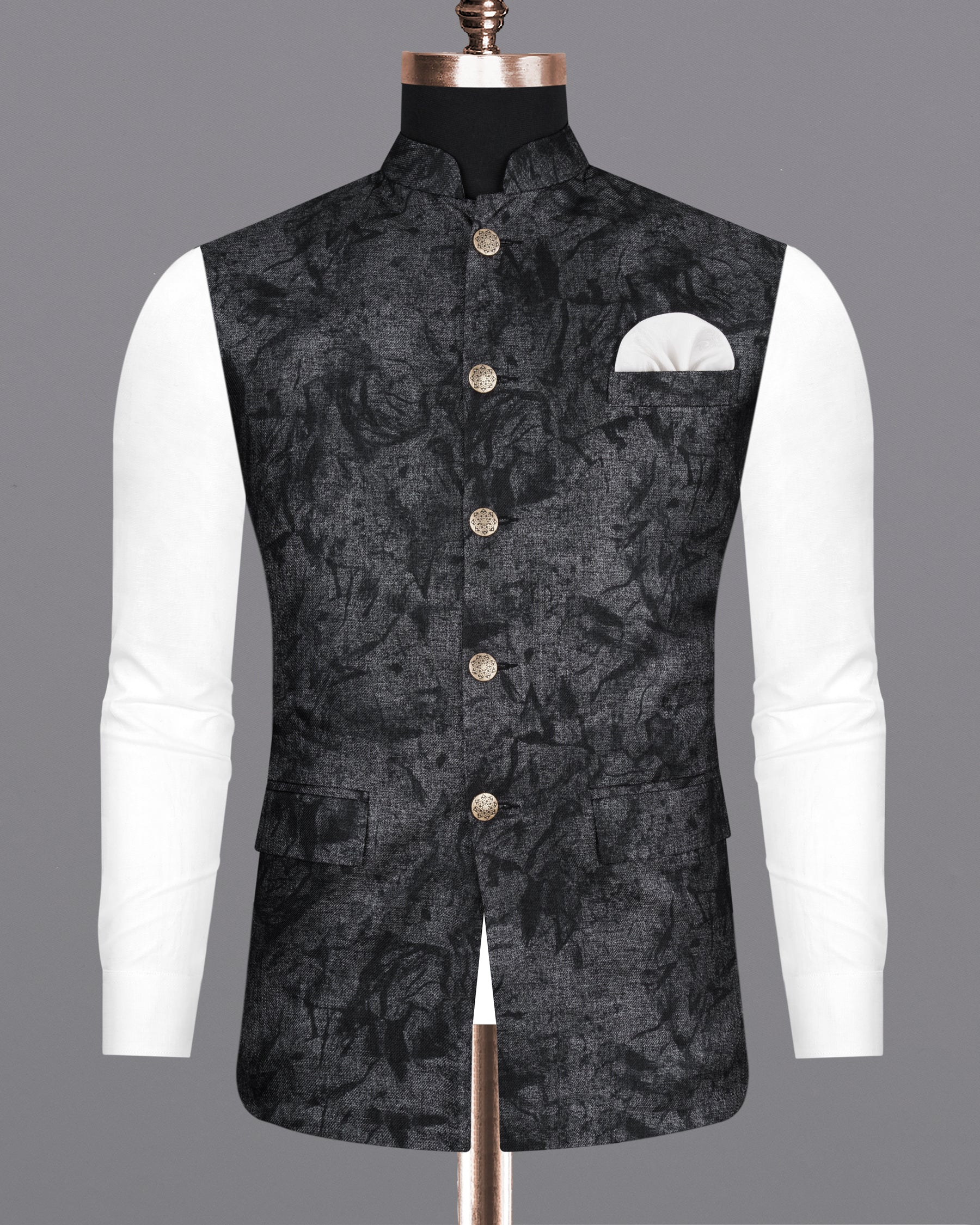 Flint Gray and Jade Black Textured Designer Nehru Jacket WC2180-36, WC2180-38, WC2180-40, WC2180-42, WC2180-44, WC2180-46, WC2180-48, WC2180-50, WC2180-52, WC2180-54, WC2180-56, WC2180-58, WC2180-60