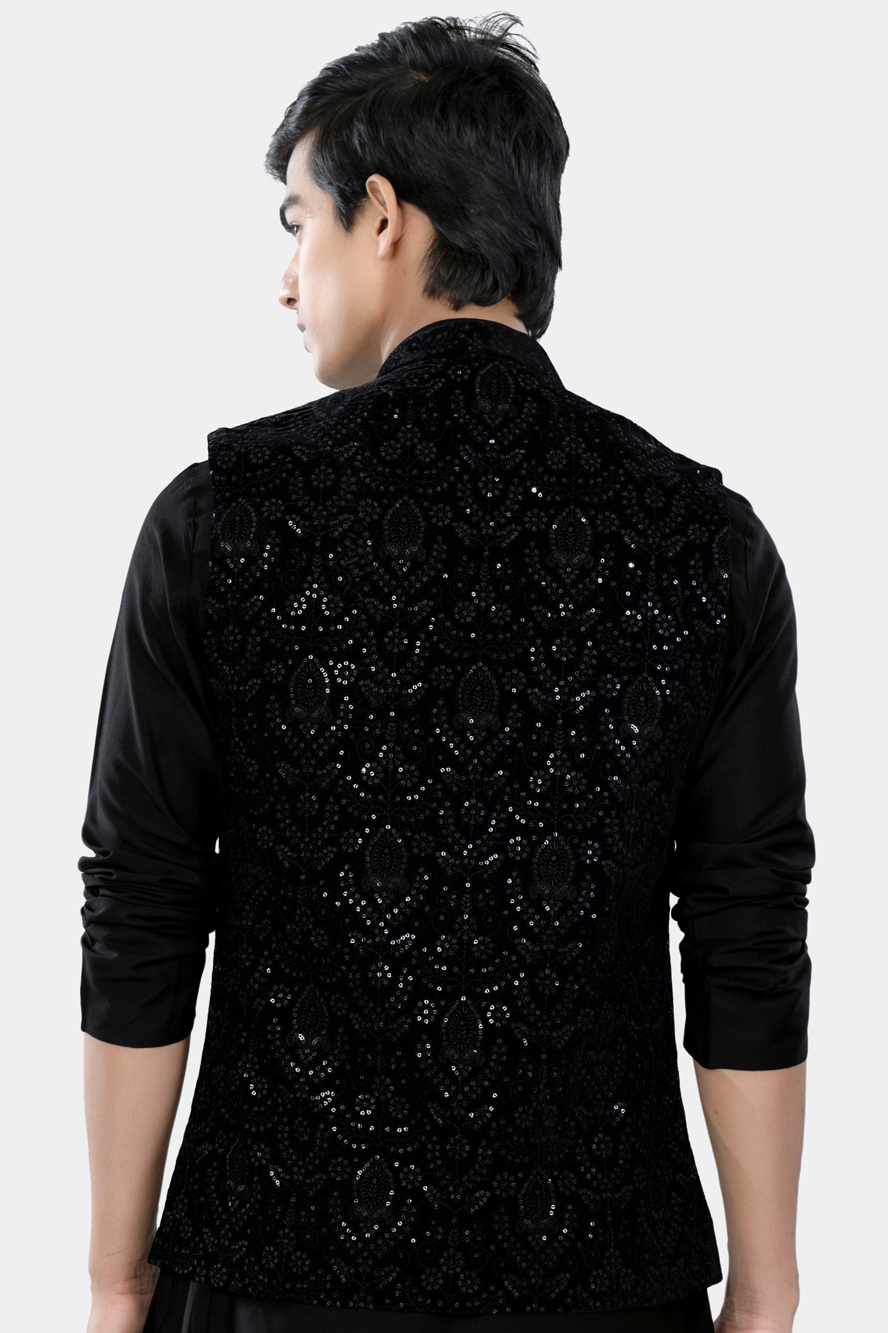 Jade Black Sequin Embroidered Designer Nehru Jacket WC3464-36, WC3464-38, WC3464-40, WC3464-42, WC3464-44, WC3464-46, WC3464-48, WC3464-50, WC3464-52, WC3464-54, WC3464-56, WC3464-58, WC3464-60