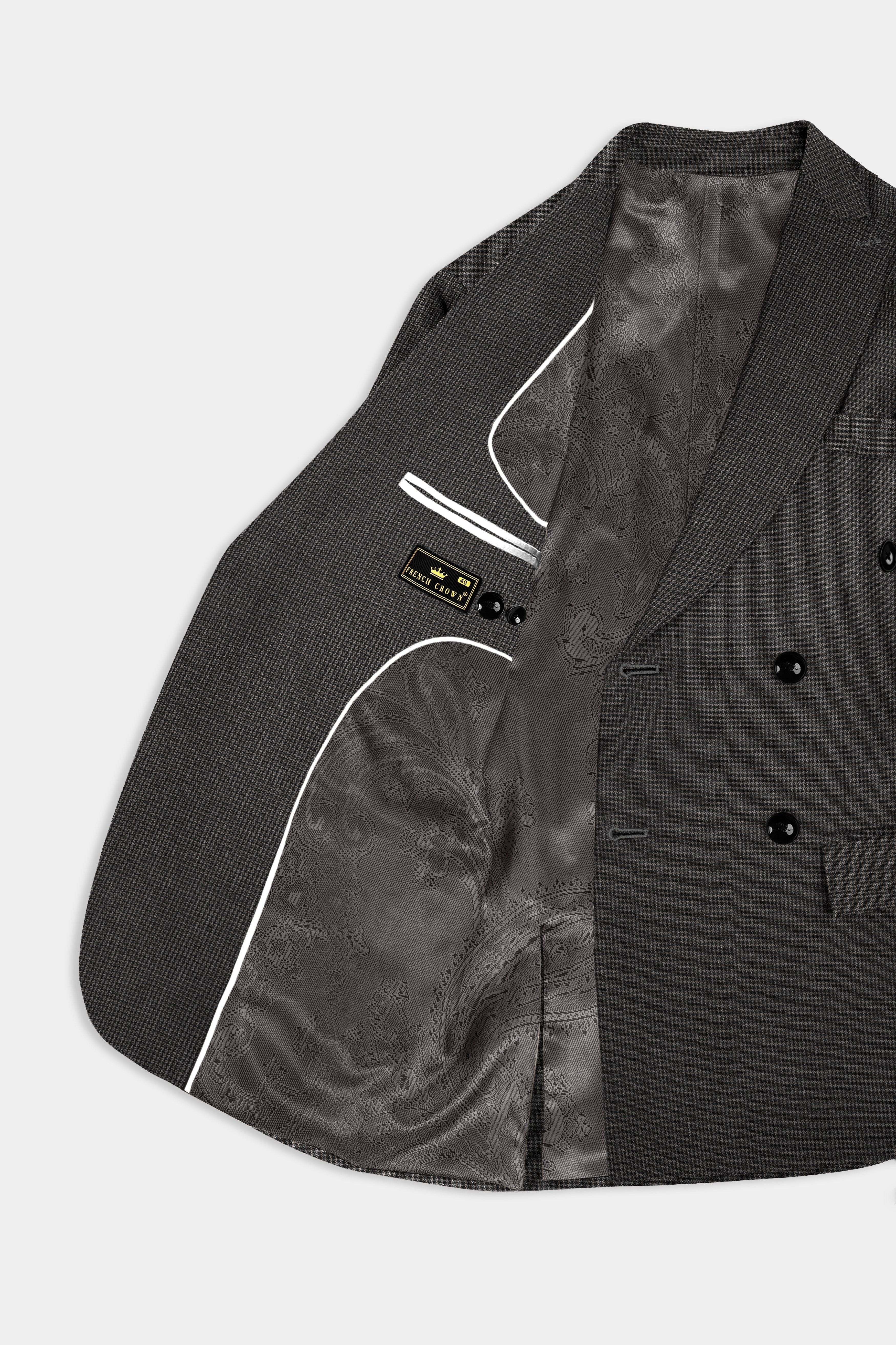 Iridium Brown Micro Checkered Wool Blend Double Breasted Blazer