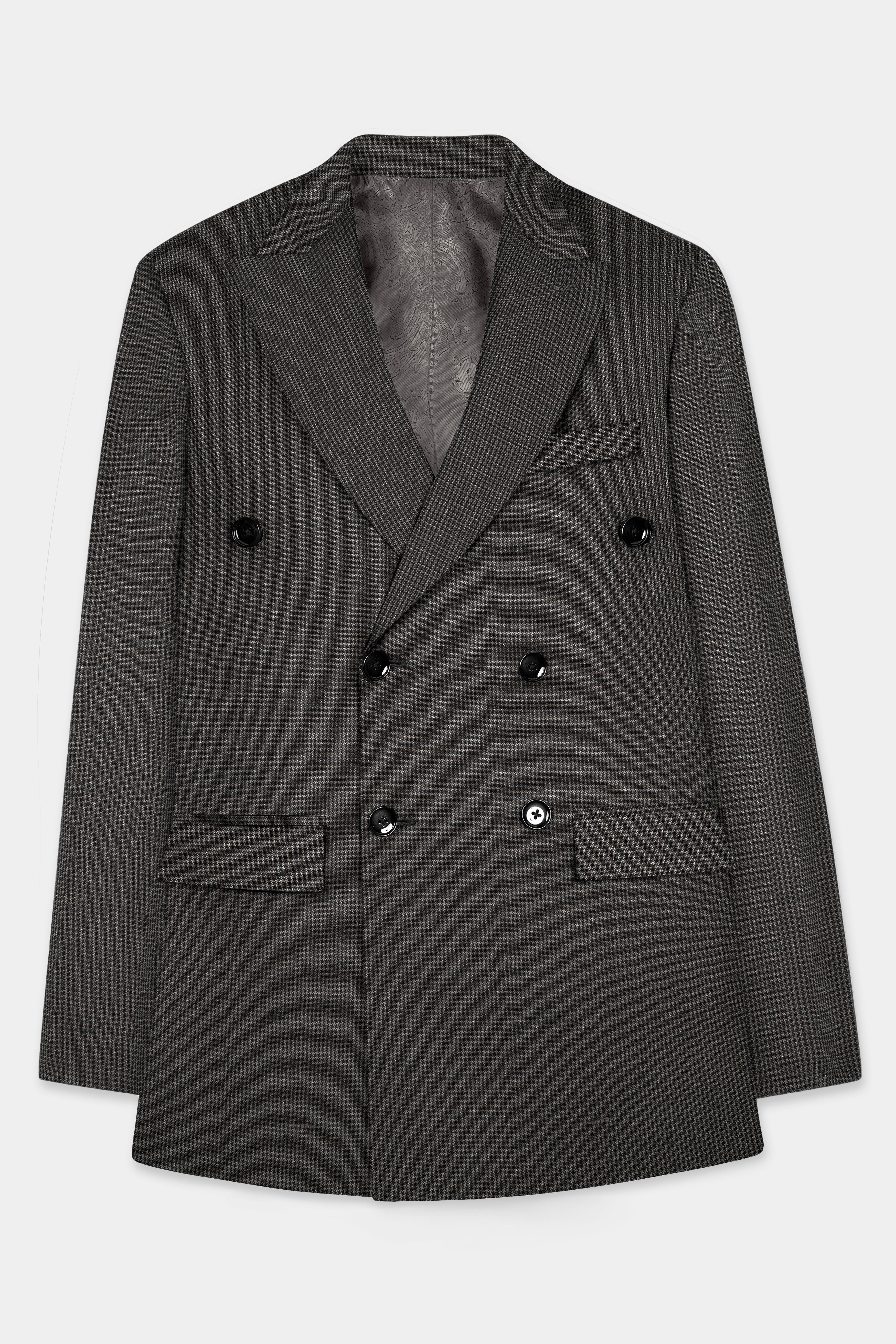 Iridium Brown Micro Checkered Wool Blend Double Breasted Blazer