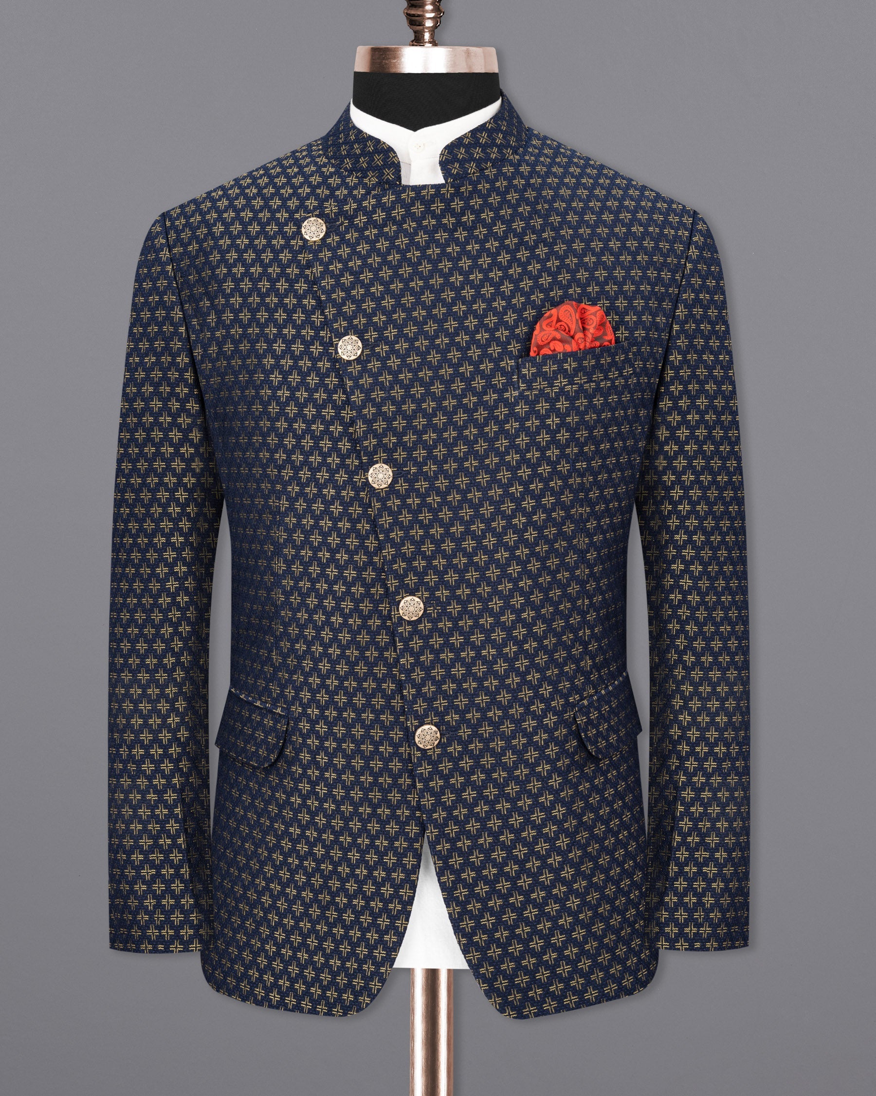 Stratos Blue Houndstooth Texture Cross Buttoned Bandhgala Blazer BL1787-CBG-36,BL1787-CBG-38,BL1787-CBG-40,BL1787-CBG-42,BL1787-CBG-44,BL1787-CBG-46,BL1787-CBG-48,BL1787-CBG-50,BL1787-CBG-52,BL1787-CBG-54,BL1787-CBG-56,BL1787-CBG-58,BL1787-CBG-60