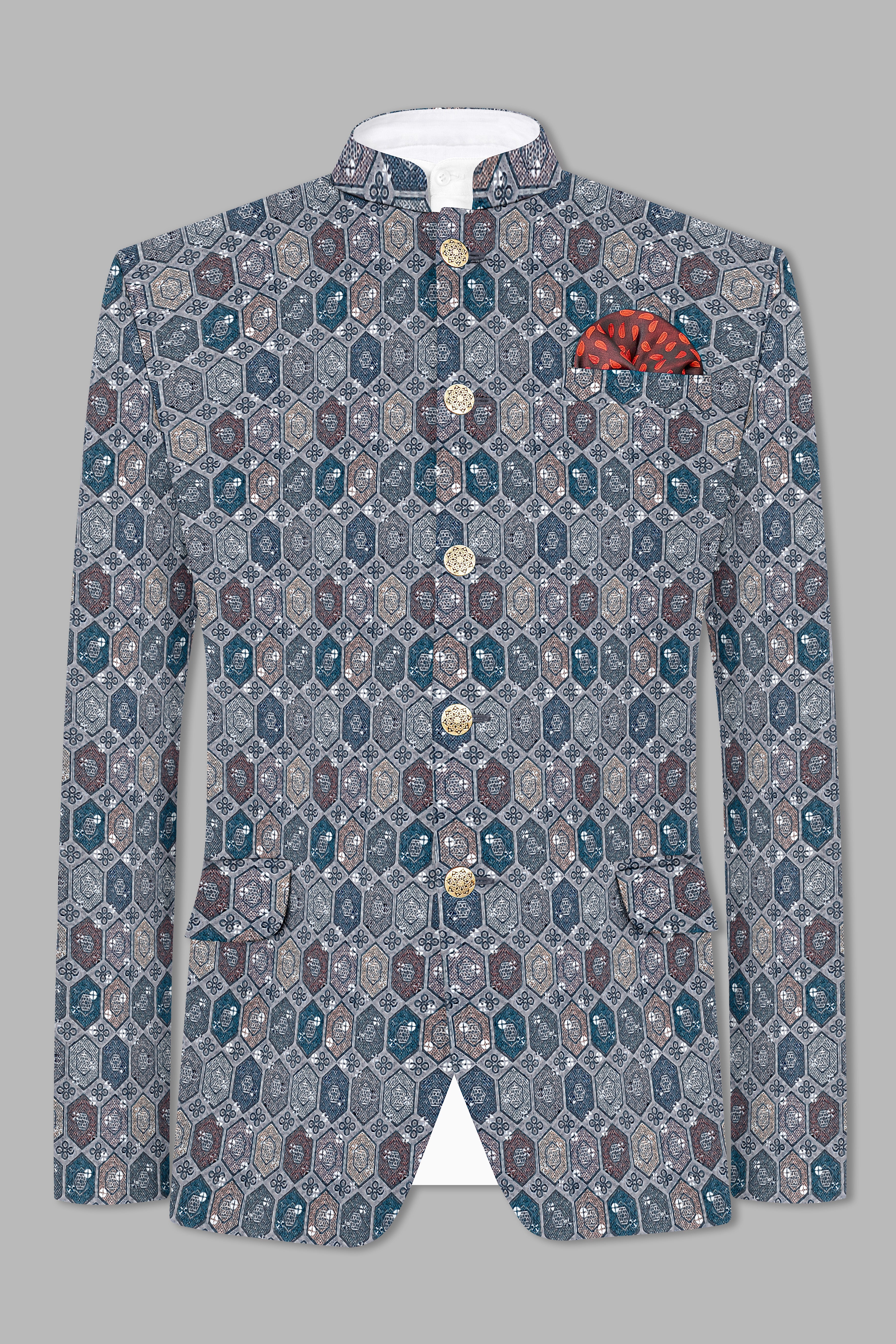 Gunsmoke Gray And Tuna Blue Multicolour Embroidered Bandhgala Jodhpuri