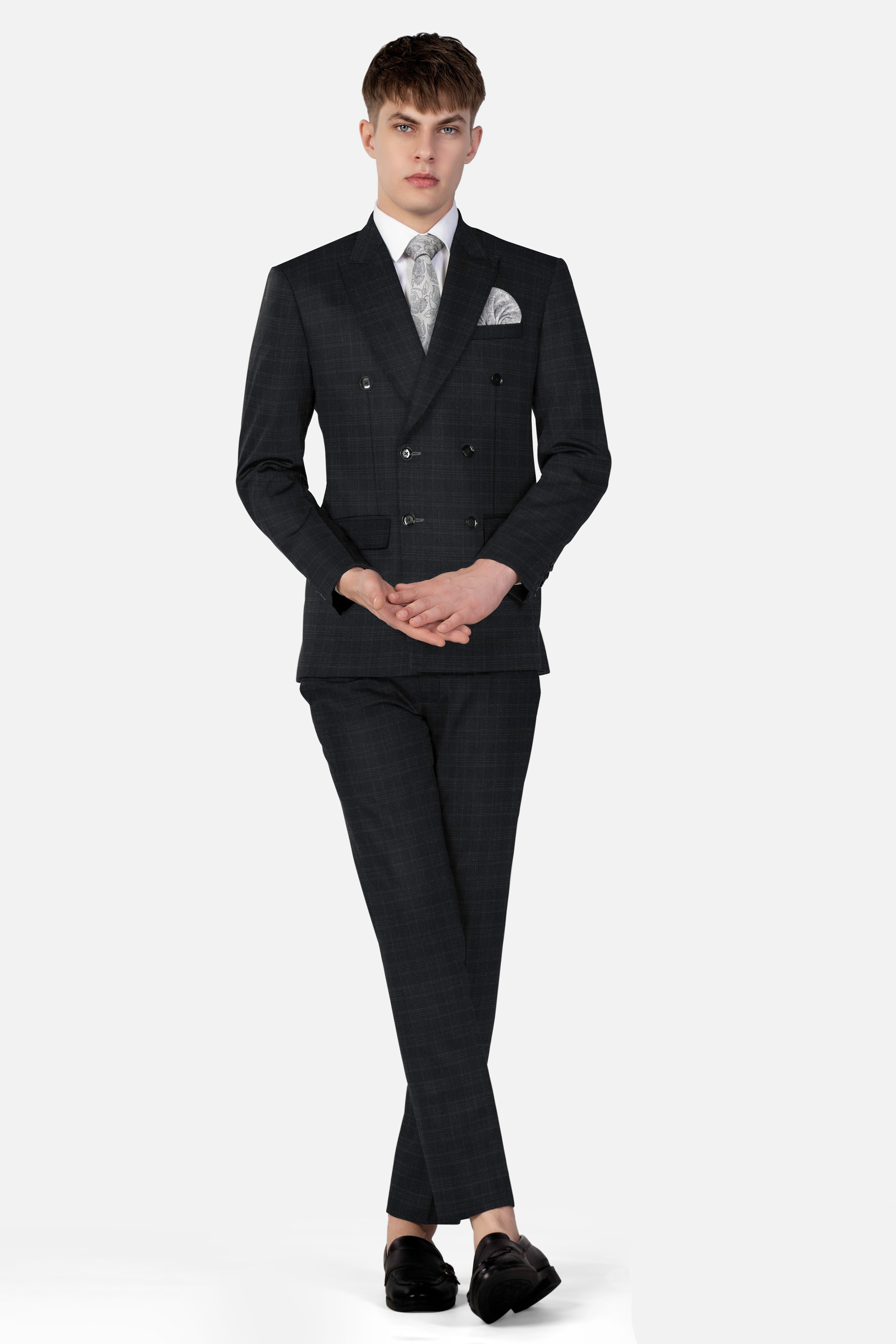 Zeus Grey Plaid Wool Blend Double Breasted Blazer