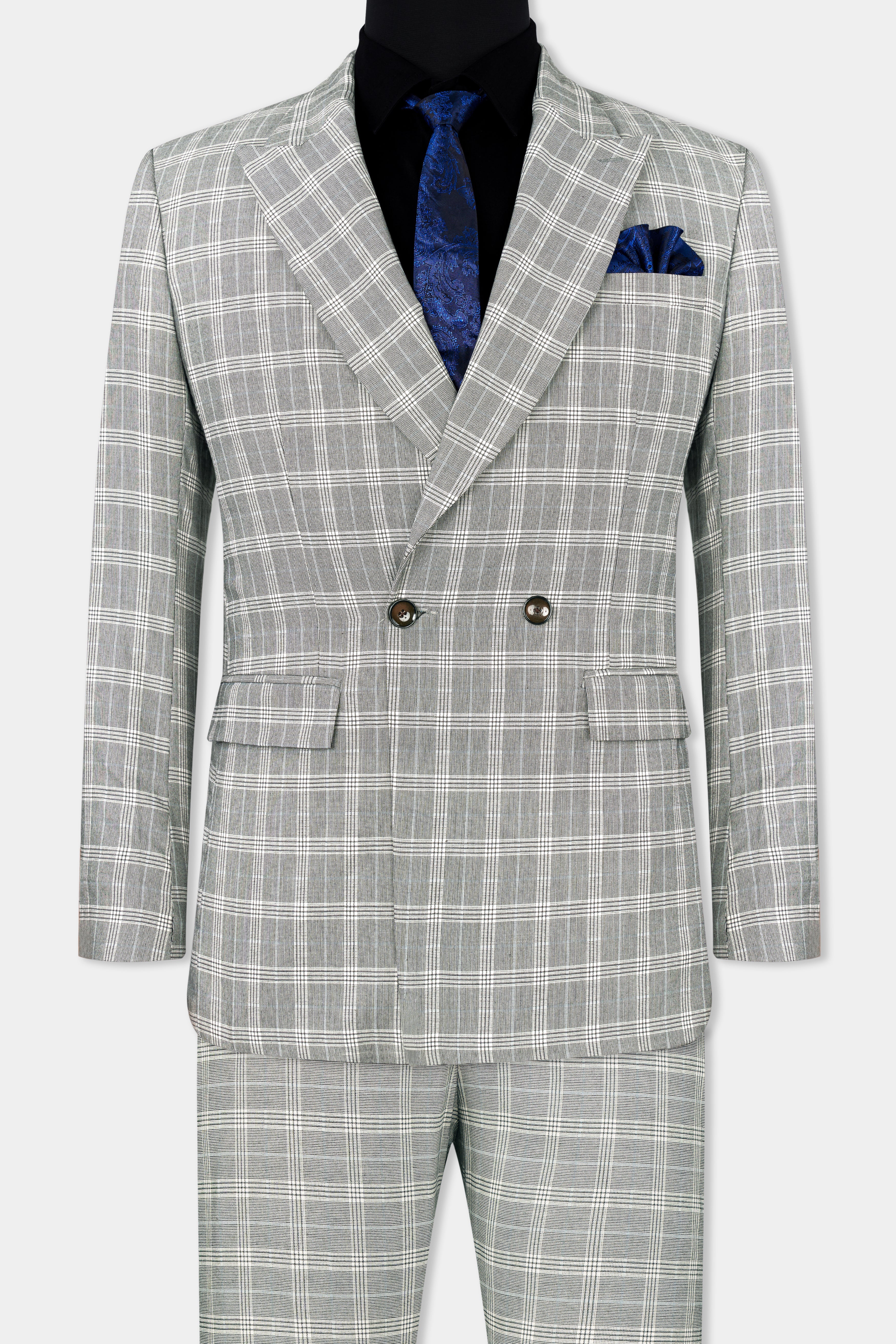 Bronco Gray and White Plaid Double Breasted Suit