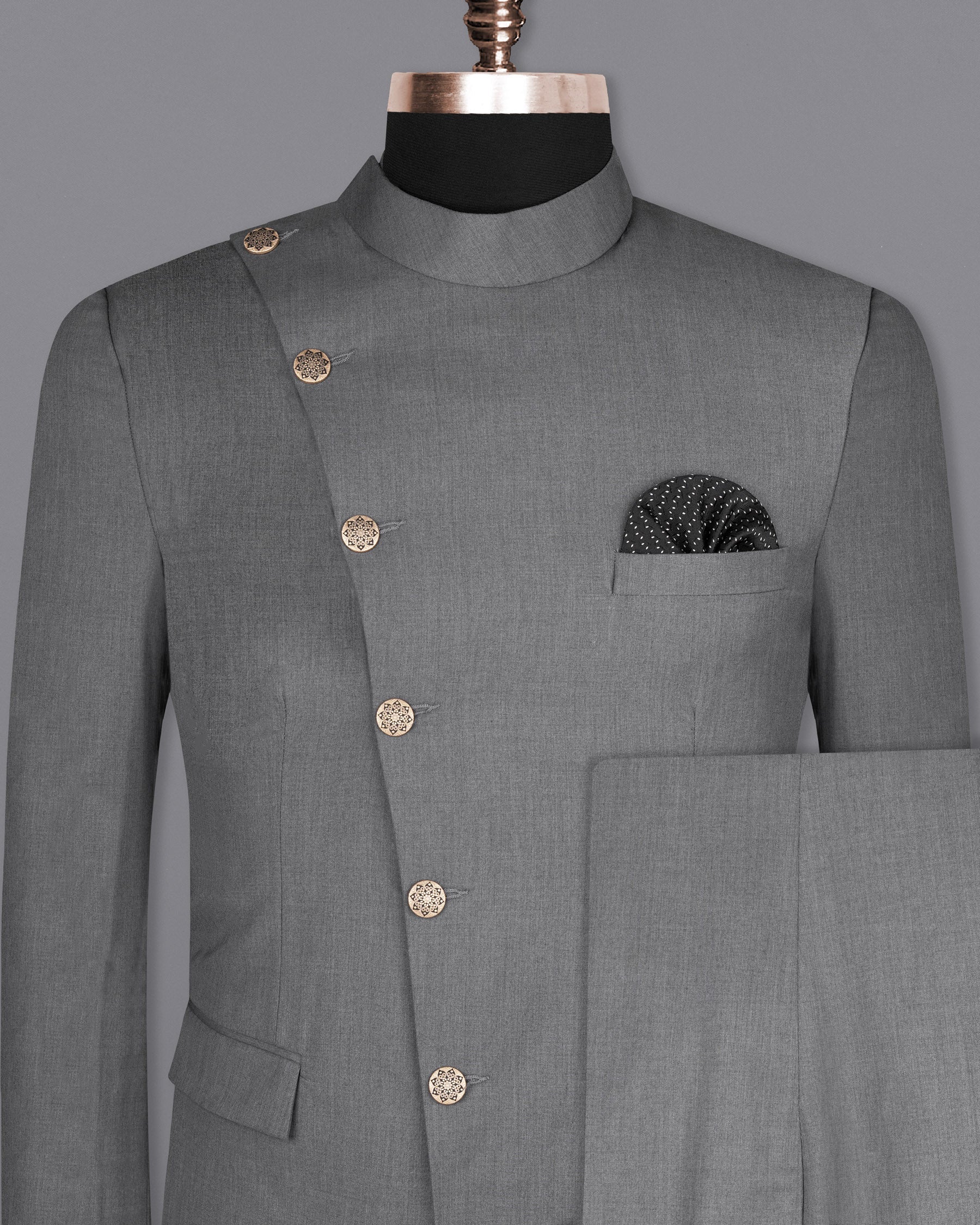 Storm Dust Grey Woolrich Cross buttoned Bandhgala Suit ST1631-CBG2-36, ST1631-CBG2-38, ST1631-CBG2-40, ST1631-CBG2-42, ST1631-CBG2-44, ST1631-CBG2-46, ST1631-CBG2-48, ST1631-CBG2-50, ST1631-CBG2-52, ST1631-CBG2-54, ST1631-CBG2-56, ST1631-CBG2-58, ST1631-CBG2-60