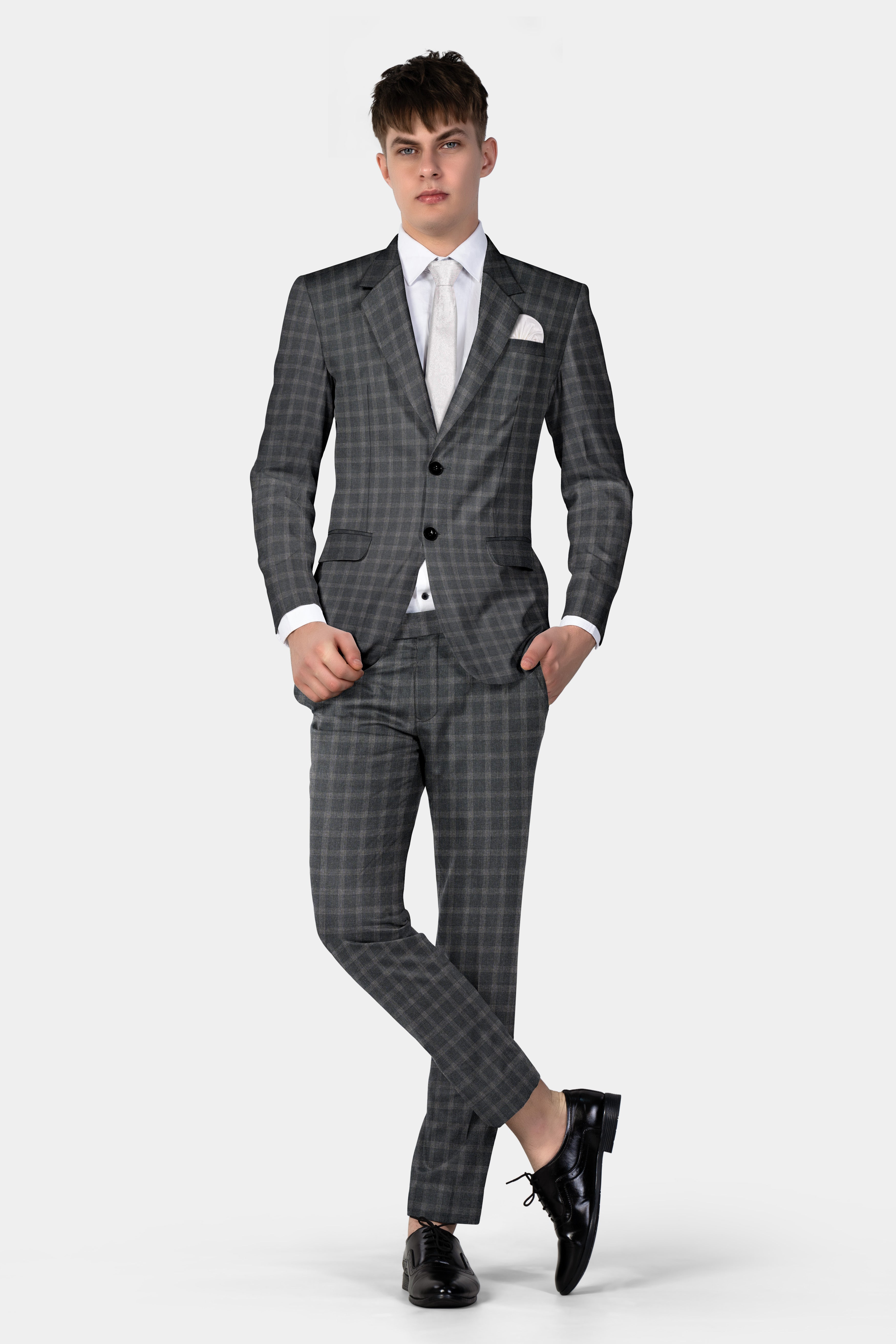 Gravel Gray Checkered Wool Blend Single Breasted Suit